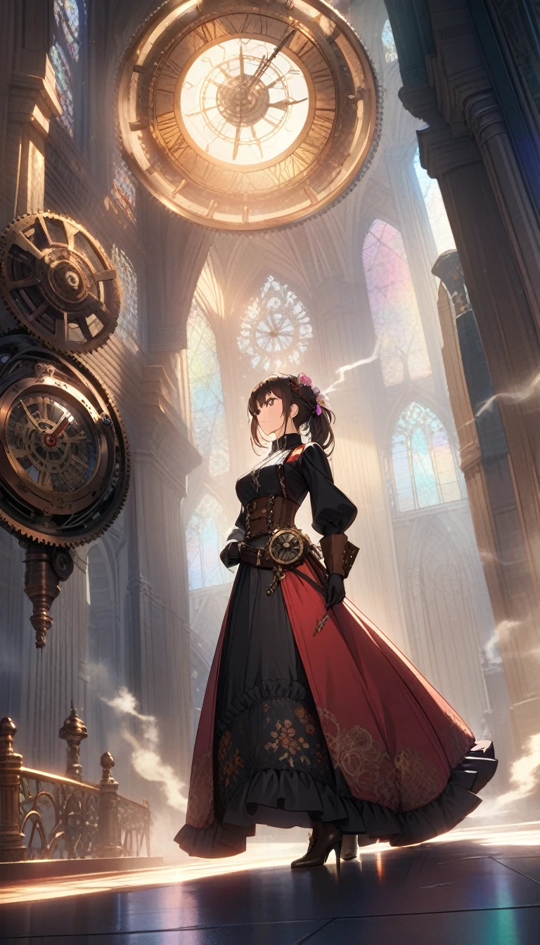 (Extremely detailed和逼真的 CG, masterpiece, best quality, Extremely detailed), steampunk, St. Paul's Metropolitan Cathedral, (Optimal lighting, The best shadow, Extremely delicate and beautiful), Dynamic Angle, movie environment, Gorgeous metalwork, gear, Clockwork, smokes, steam, Period clothing, Vibrant colors.