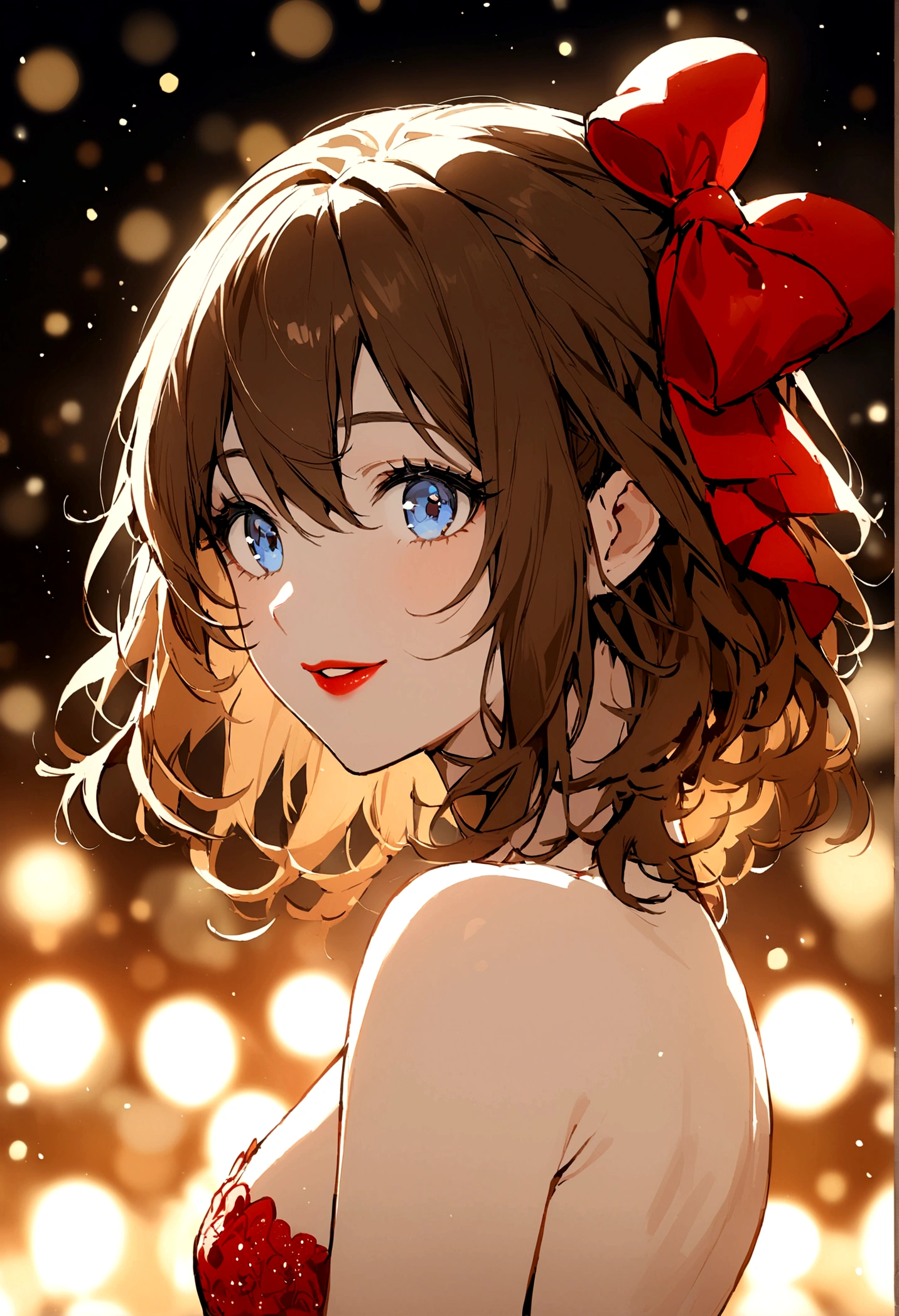 (Very delicate and beautiful: 1.2), One girl, bangs, blue eyes, Blurry, Blurry background, bow, Brown Hair, shut up, Side view, Hair between the eyes, hair bow, lanthanum, Particles of light, Watch the audience, Medium Hair, night, red bow, alone, performer(symbol), Upper body naked, smile, Red lips