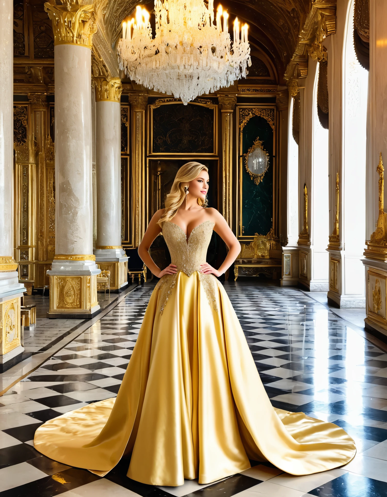 A blonde woman in an elegant ball gown, standing in a grand palace with opulent decor and royal furnishings.