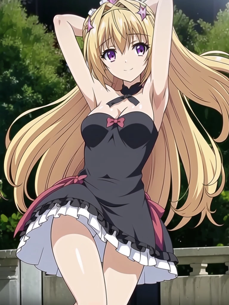 ((Best quality))),((Ultra-detailed)),((illustration)),((Disheveled hair)),((frilld)),(1 girl),(Solo),
1girl,solo,rating:safe,armband,armpits,arms_up,ballerina,ballet,ballet_slippers,bare_arms,bare_shoulders,black_dress,black_footwear,blue_ribbon,breasts,circle_skirt,cleavage,clothing,crossed_legs,crown,dress,pointe,female,garter,hair_bun,hair_rings,headwear,legs,looking_at_viewer,makaria,plantar_flexion,ribbon,see-through,single_hair_bun,small_breasts,smile,standing_on_one_leg,standing,tiara,tied_hair,
blonde hair,purple eyes,