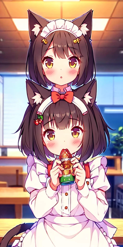 1 girl, Alone, Brown hair, animal ears, cola, cat ears, cat cola, bow, old, two sides up, long sleeves, maid headdress, Bell, jingle Bell, food, short hair, dress, small old, puffy sleeves, bowtie, cat girl, steering wheels, juliet sleeves, animal ear fluff, hits, apron, hair bow, clothing trimming, strawberry, blush, clavicle