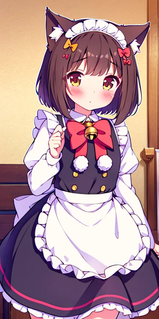 1 girl, Alone, Brown hair, animal ears, cola, cat ears, cat cola, bow, old, two sides up, long sleeves, maid headdress, Bell, jingle Bell, food, short hair, dress, small old, puffy sleeves, bowtie, cat girl, steering wheels, juliet sleeves, animal ear fluff, hits, apron, hair bow, clothing trimming, strawberry, blush, clavicle