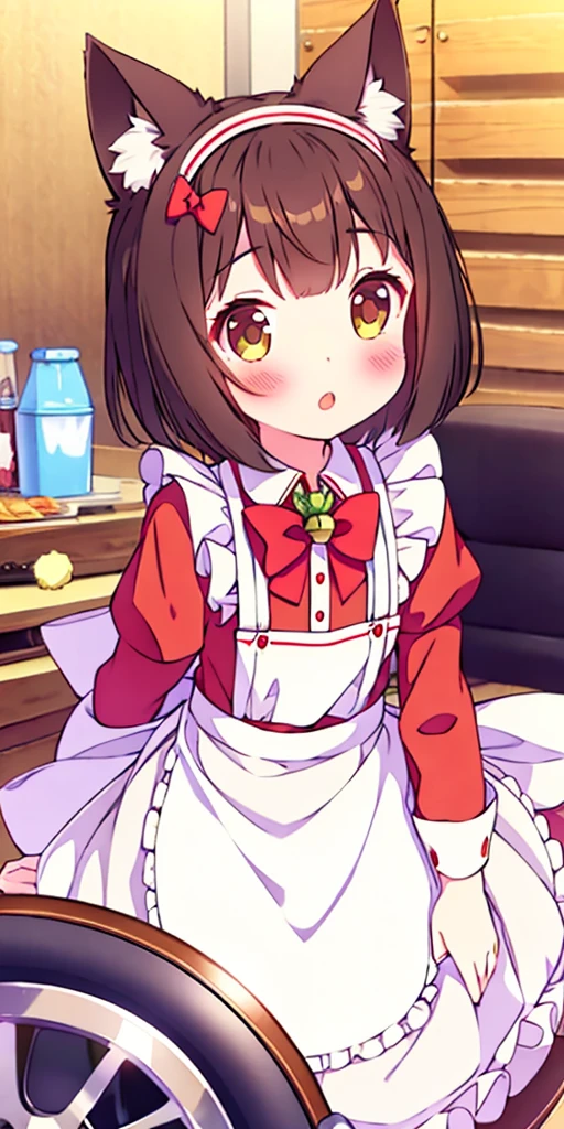 1 girl, Alone, Brown hair, animal ears, cola, cat ears, cat cola, bow, old, two sides up, long sleeves, maid headdress, Bell, jingle Bell, food, short hair, dress, small old, puffy sleeves, bowtie, cat girl, steering wheels, juliet sleeves, animal ear fluff, hits, apron, hair bow, clothing trimming, strawberry, blush, clavicle