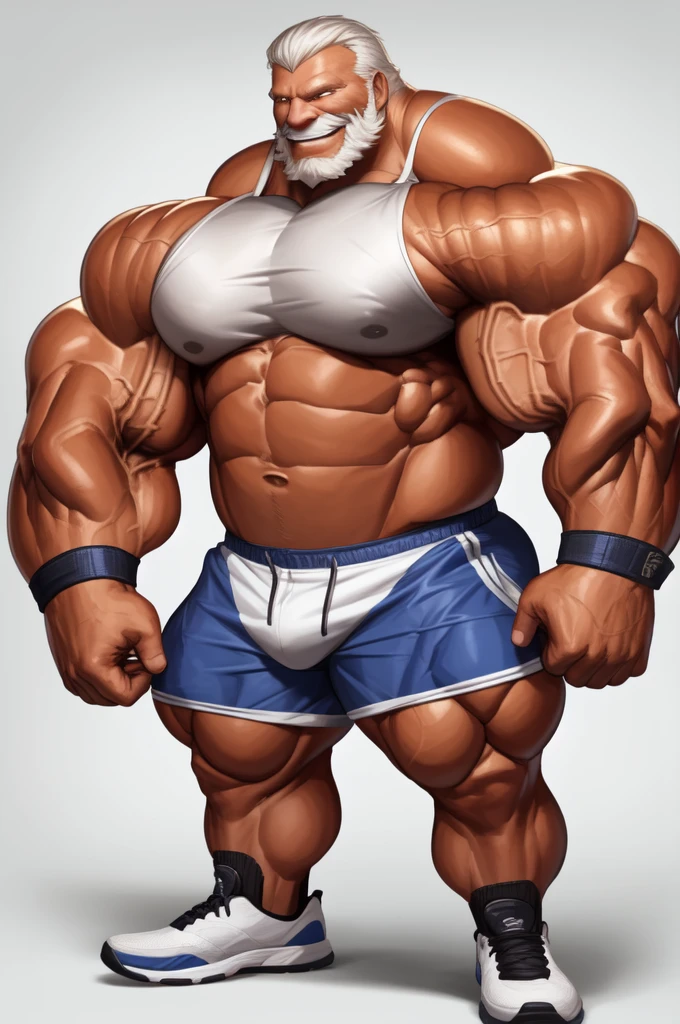 solo, 1boy, perfect anatomy, perfect proportion, smile, grinning, big eyes, happy. Bulging muscle:1.2, Huge Muscular Old man with short hair ,(white shorts), view from side, pectoral, thick arms, huge pectoral, wide pectoral, white hair, white beards, simple background, masterpiece, semirealistic:1.2, high detailed, 8k, high resolution, perfect center, full view. ((really big muscle, massive muscular, thick arms, wide pectoral, super huge muscle, hyper muscular, over sized muscle, huge arms, big arms, huge pectoral)), shoes
