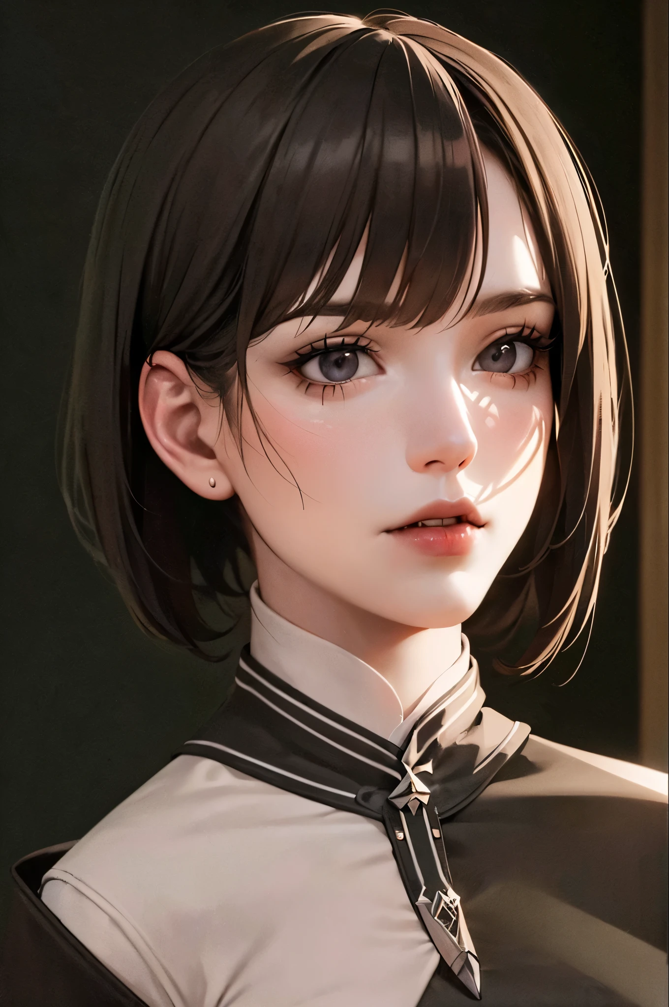 (high quality: 1.3), Cinematic shots, masterpiece, (Sharp focus: 1.5), (Realistic: 1.3), Medium portrait (Beautiful young vampire woman, Pale skin, Gothic, Still proud、intense, Straight black short bob hair, Dark look, Wearing a very finely crafted dark tunic, Dark atmosphere, but、Sculpting shapes with sharp chiaroscuro), It's night, (Highly detailed skin), (Detailed face), Detailed Background, Dim lighting, dusk lighting, Volumetric lighting, Intricate details, Ultra-high resolution,