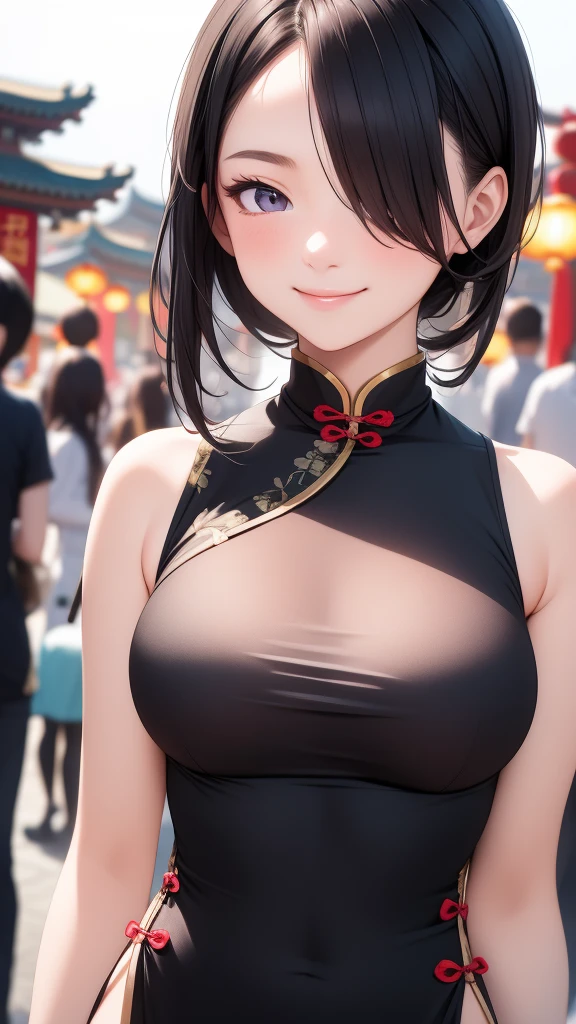 European girl portrait,alone,20-year-old,Beautiful Face,Hair on one eye,Medium Sidecut, Black Hair, Sharp focus,(China dress),Chinatown,Big Breasts,smile