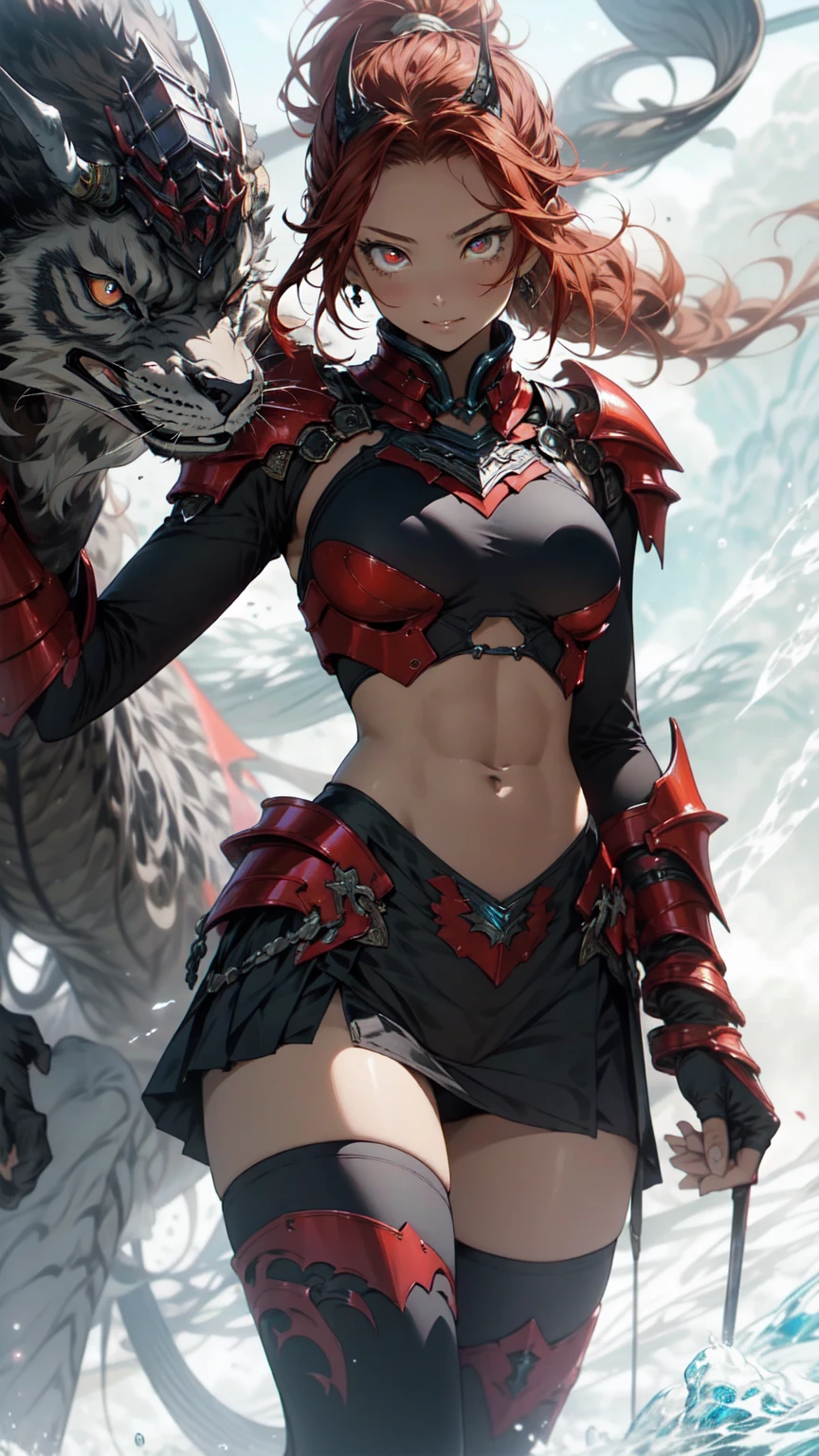 Keep it Realistic,(masterpiece,Highest quality,Highest quality,Very detailed,Fractal Art,Most detailed,(The background is abstract:1.5)(1 Girl),Kamimei,(ponytail),(Sparkling red eyes and beautiful red hair、Big Breasts,Toned Abs),crystallization,Swimsuit、High leg,Sexy,Red Machine Armor、Demon Horn、break、Berserk , (Burning Flames:1.0), (mini skirt)