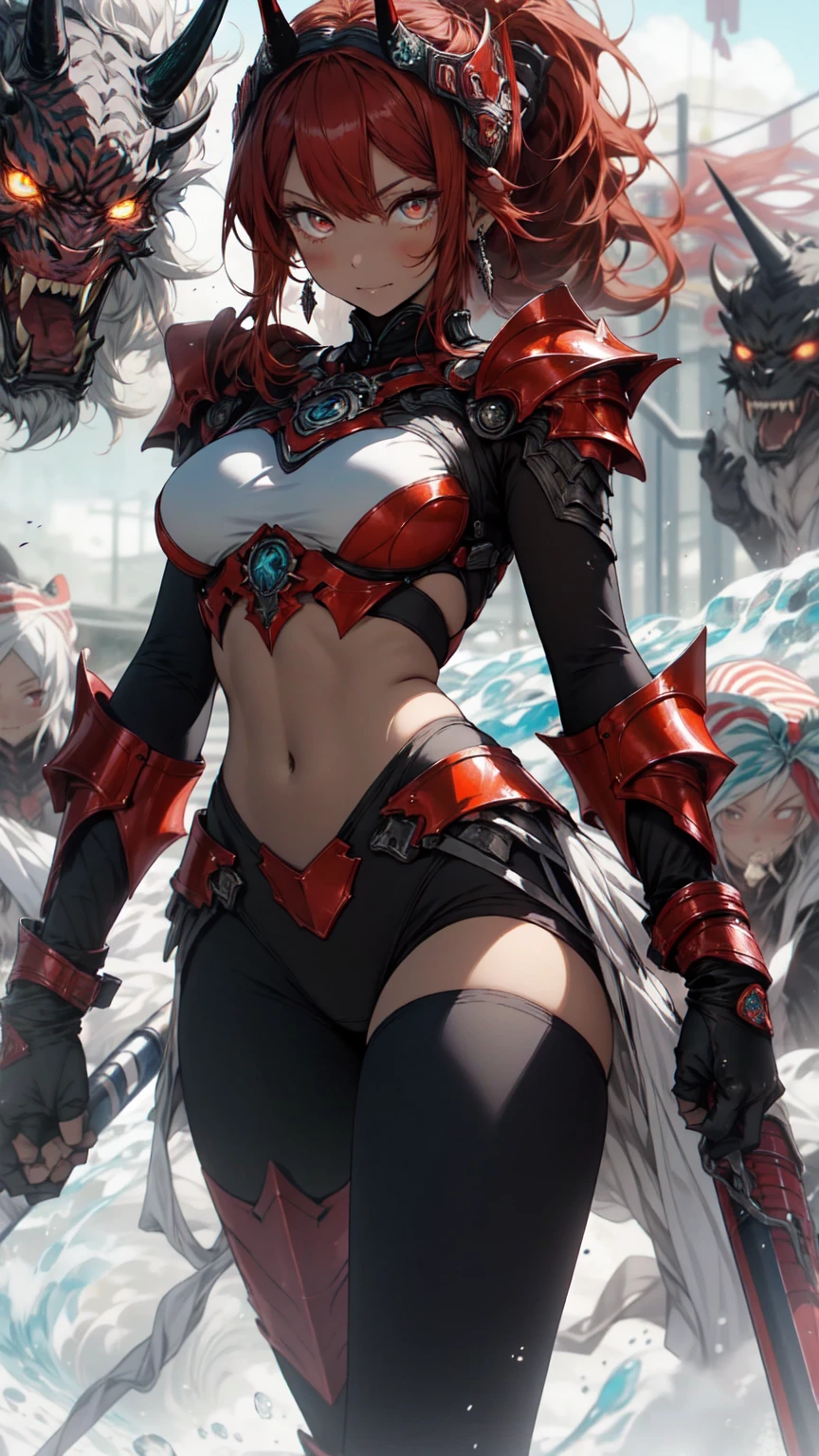 Keep it Realistic,(masterpiece,Highest quality,Highest quality,Very detailed,Fractal Art,Most detailed,(The background is abstract:1.5)(1 Girl),Kamimei,(ponytail),(Sparkling red eyes and beautiful red hair、Big Breasts,Toned Abs),crystallization,Swimsuit、High leg,Sexy,Red Machine Armor、Demon Horn、break、Berserk , (Burning Flames:1.0), (mini skirt)