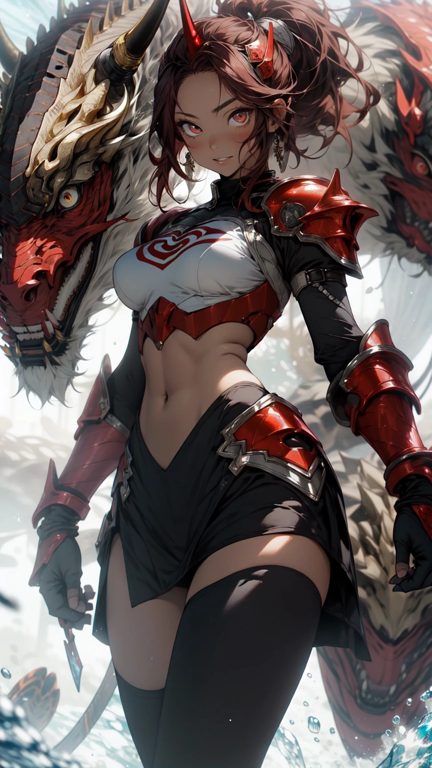 Keep it Realistic,(masterpiece,Highest quality,Highest quality,Very detailed,Fractal Art,Most detailed,(The background is abstract:1.5)(1 Girl),Kamimei,(ponytail),(Sparkling red eyes and beautiful red hair、Big Breasts,Toned Abs),crystallization,Swimsuit、High leg,Sexy,Red Machine Armor、Demon Horn、break、Berserk , (Burning Flames:1.0), (mini skirt)