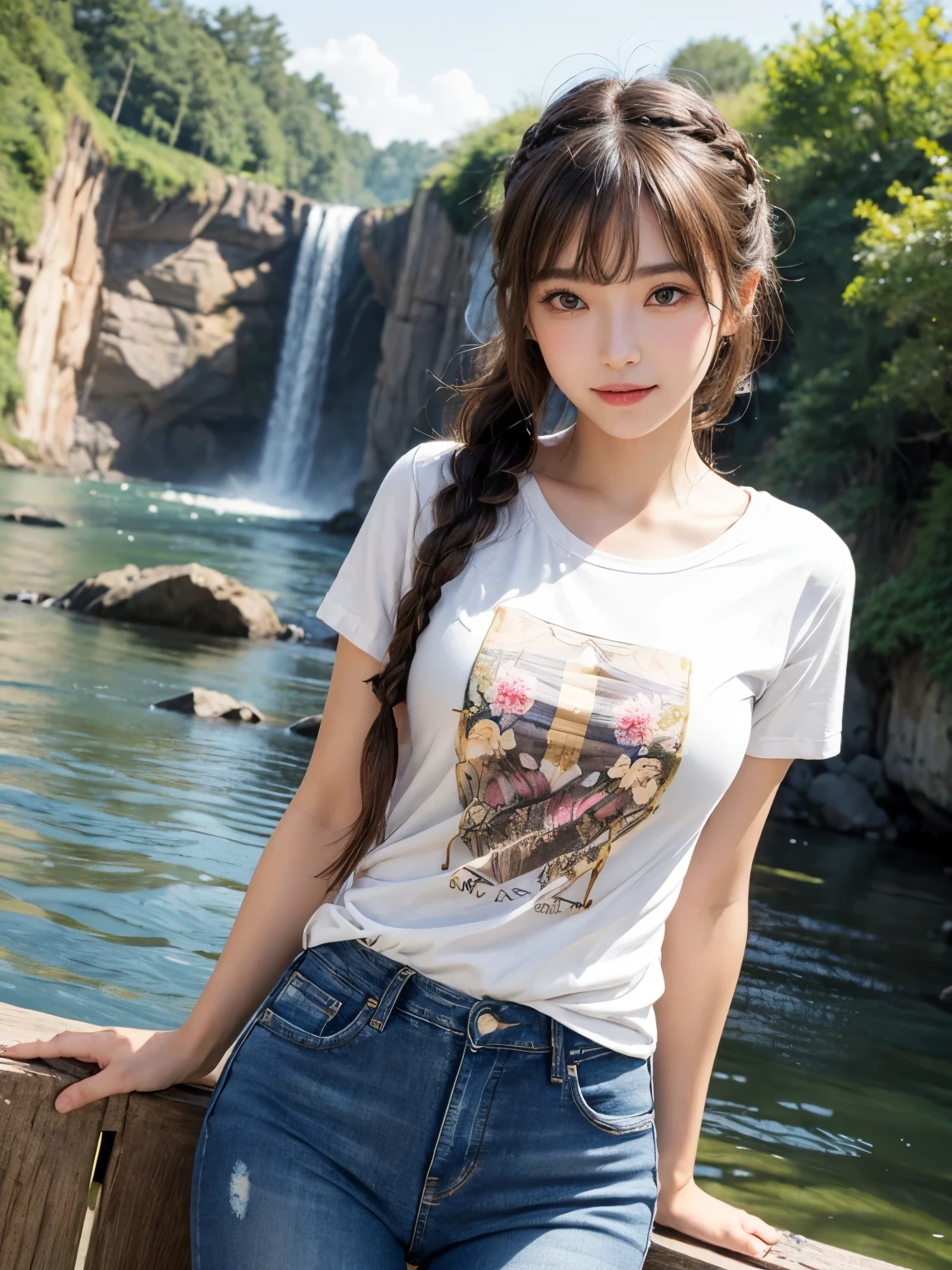 ((masterpiece: 1.3),8K, Realistic, RAW Photos, Highest quality: 1.4), (One Girl), beautiful顔, (Realistic Face), (Brown long hair、Braiding: 1.3), (((Nature、waterfall、river))),beautifulヘアスタイル, (bangs), (smile), smile, Realistic eyes, Gloss, highlight, highlight in the Eyes, eyelash, 目の中のbeautifulディテール, (Realistic Skin), (((whole body、Floral T-shirt、Tight jeans)))、Shooting from the sky、beautiful肌, Transparency、(beautiful)、 bust, smile, teeth, Confused, charm, 超High resolution, Ultra-realistic, High resolution, Golden Ratio, Clear eyes, Wet, Mole, Looking into the camera, ear, Shine, Long neck, double eyelid, Big eyes, cheek, kind character, charm personality, kind, Move, 圧倒的なcharm, bright personality