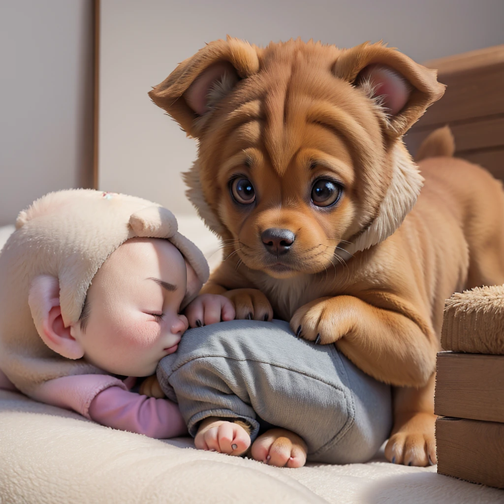 A puppy puts its nose close to a human baby
