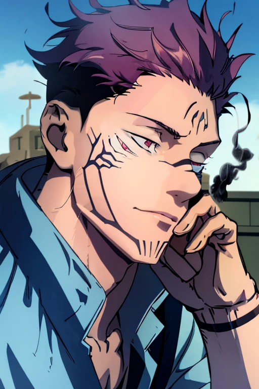 icon just face drawing anime style, male character with purple hair with fade and slightly long hair, 20 years old in a suit smoking a cigarette