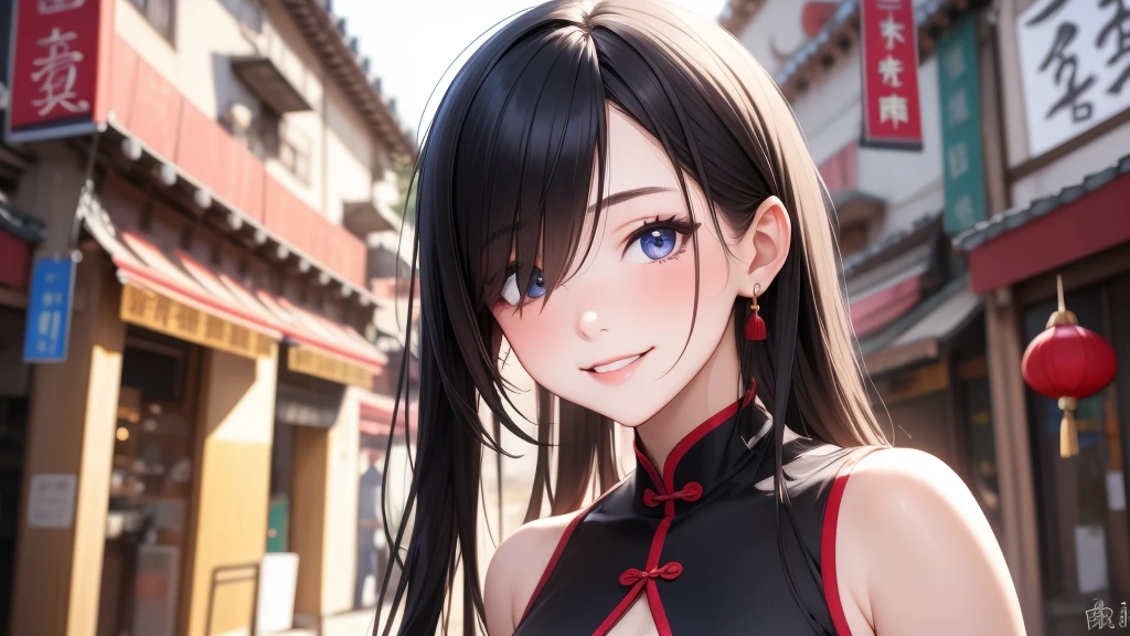 European girl portrait,alone,20-year-old,Beautiful Face,Hair on one eye,Medium Sidecut, Black Hair, Sharp focus,(China dress),Chinatown,Big Breasts,smile