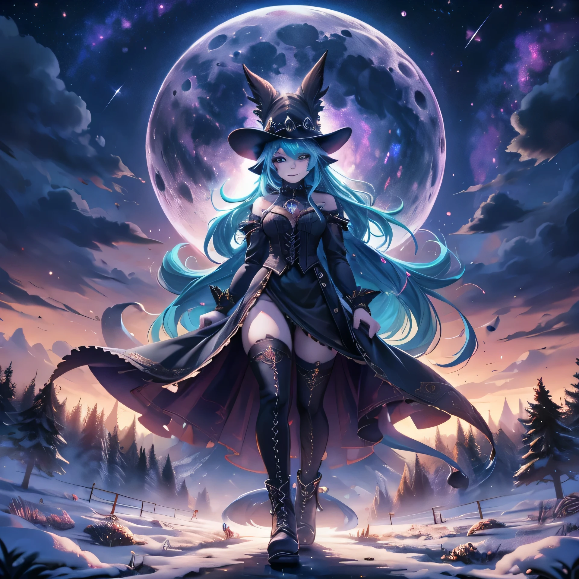 expansive landscape photography (a view from below showing the sky above and an open forest below), woman standing on a paved path looking at the landscape, wolf woman, full body portrait, full fur, magical fur, tail complete, big signal, magic tail, long hair (colored hair), hat on head (gothic style), almond-shaped eyes (bright turquoise color), expressive smile, charming face, gothic clothes (dark color with magic skulls), tights in black fur, shoes (gothic style high boots),, night setting, (full moon: 1.2), (shooting stars: 0.9), (nebula: 1.3), (warm light source: 1.2), (Firefly: 1.2), (snowflake: 1.0), (snow on tree) (masterpiece: 1.2), (best quality), 4k, ultra detailed, (dynamic composition: 1.4) , very detailed and colorful details, (iridescent colors: 1.2), (vivid lighting, ambient lighting), dreamy, magical, (alone: ​​1.2)