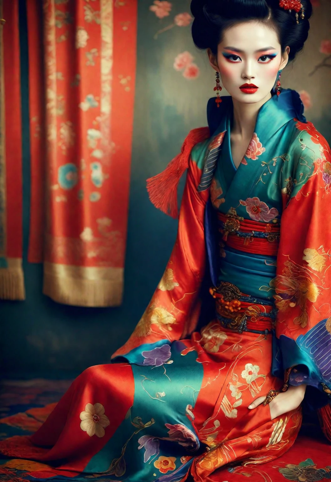 araffe woman in a colorful dress sitting on a red blanket, style of paolo roversi, in style of paolo roversi, paolo roversi, 1920s gaudy color, wearing ornate silk clothes, inspired by Pan Yuliang, chie yoshii, inspired by Jin Nong, 1920s geisha, black background, shallow depth of field bokeh background