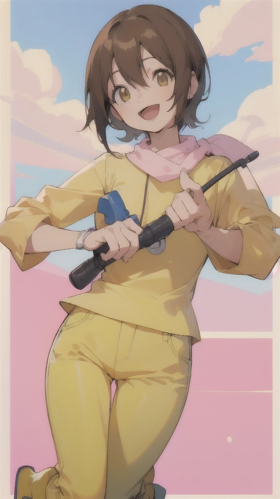 Top quality, masterpiece, high resolution, details, Top quality, masterpiece, high resolution, details, perfect anatomy, (cute girl), smiling, HikariDigi, open mouth, yellow sleveless shirt, pink pants, rubber boots, shoes, sky, solo,Background is blue sky, upper body、Kindergartener, 