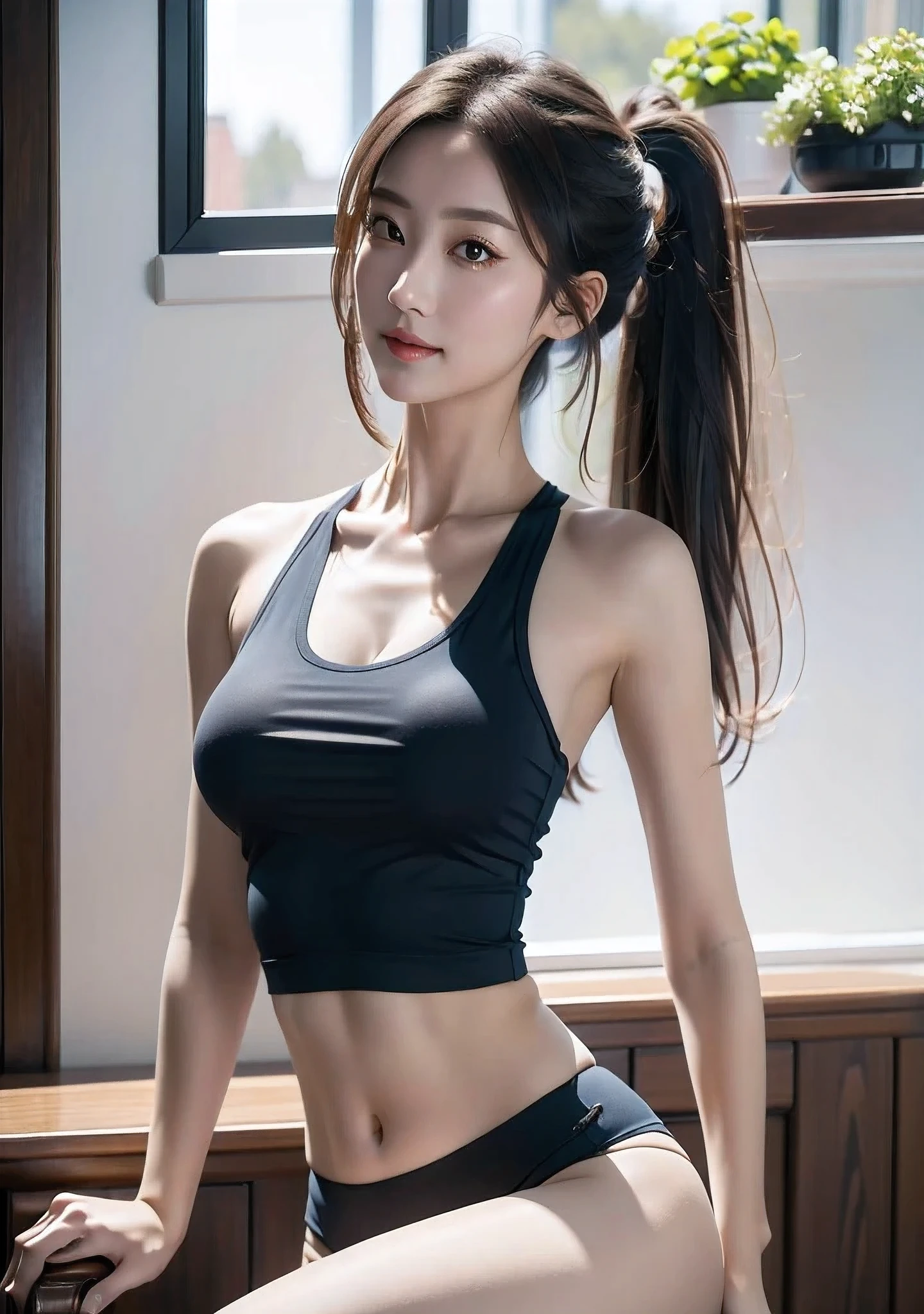 (masterpiece, best quality，High resolution, Super Detail：1.2), 1 Girl, Solitary,Wear a tight vest。Yoga Pants，Shining eyes，Seductive eyes，Beautiful posture，Charming smile，Natural and soft light