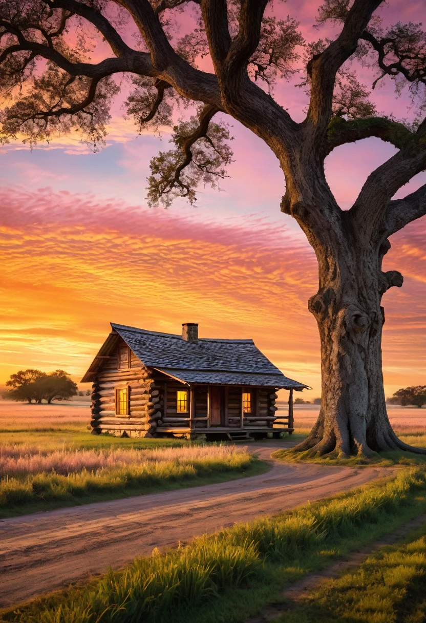 A rustic log cabin, nestled beneath a sprawling oak tree, stands silhouetted against a breathtaking sunset. The golden light bathes the scene in a warm glow, casting long shadows across the fields and winding road. The clouds above are painted with hues of pink and orange, creating a sense of peace and tranquility.