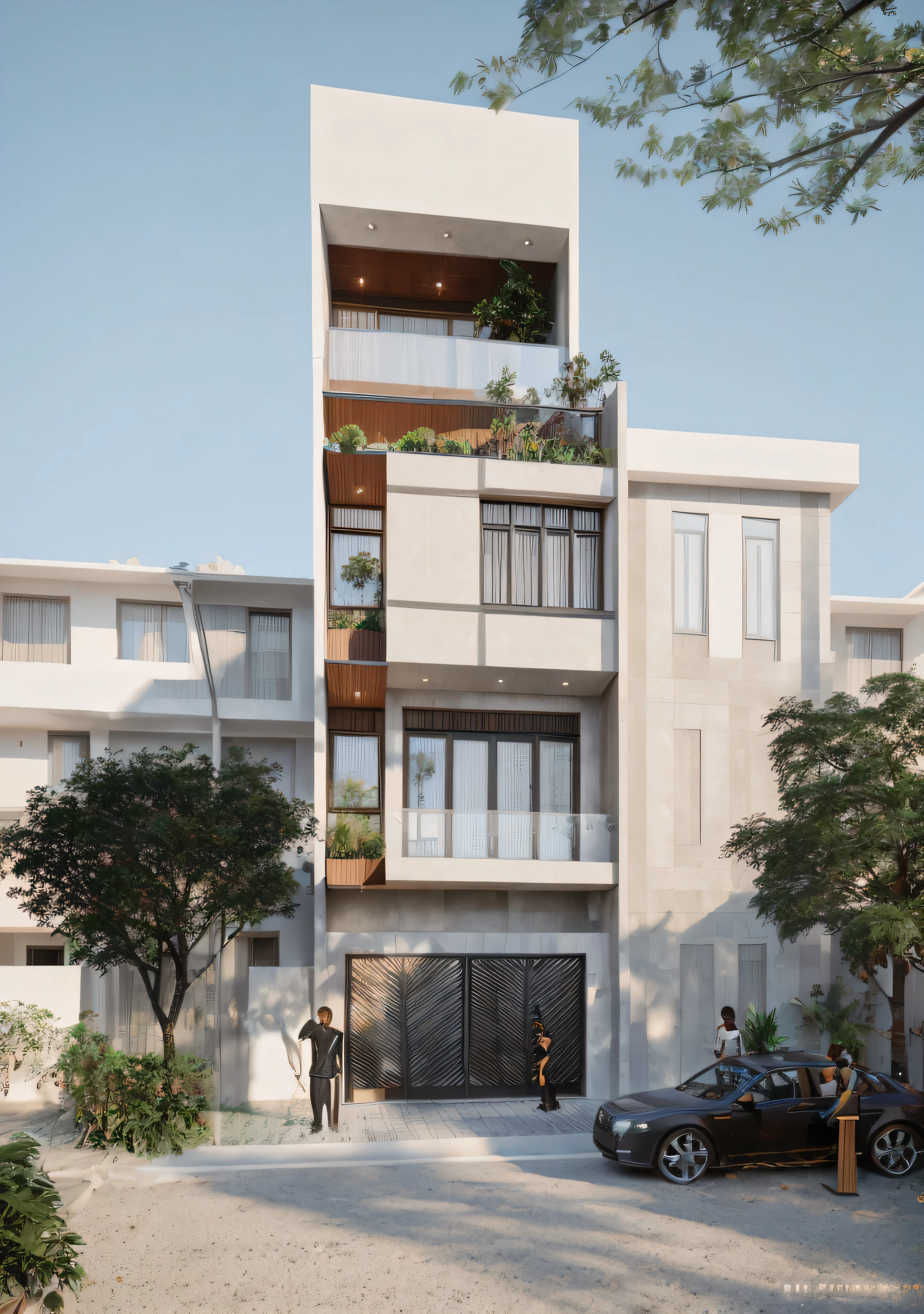 Townhouse in city, daylight,warm light, (sharp focus) front view of townhouse in style of modern, VietNam ,mutual colours, soft lighting, warm atmosphere,high Resolution, hyper detailed,4k ,vray render, hyper realistic,exterior design , professional photography, exterior photography,wide-angle shot , ultra detail , high Resolution .  all of doors and windows are made by Xingfa . have many trees , ivys, palms on the bancony. black iron frame . human and girl on the pavement. wooden ceiling. ceiling light.black iron gate.