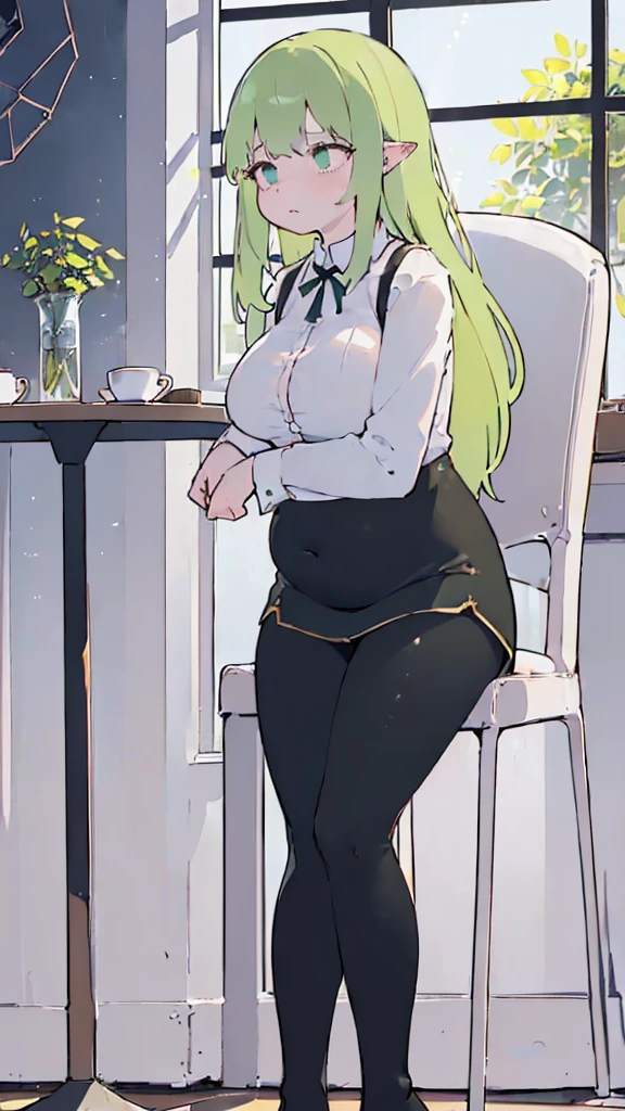 (flat:1.5),(cafe, window, sunlight, table, chair, sedentary:1.5) (BIG ASS, thick thighs:0.7), (warm light source:1.2), intricate details, volumetric lighting, Realism BREAK(masterpiece:1.2), (top quality), 4K, ultra detail, (Dynamic configuration:1.4), Very detailed and colorful details,(rainbow colors:1.2), (shining lights, atmospheric lighting), dreamy, magical, (alone:1.2), intricate details, cheeky expression, (big breasts:1.5), (green eyes:1.5), (a devastated expression, dead eyes, dark atmosphere:1.5), (Green long hair:1.5), (Black leggings, dress shirt:1.5), (chubby, Belly Fat:1.1), (beautiful eyes, flushing:1.5),(human ear,thin legs:1.5),(chair에 sedentary, diagonal shot:1.5), (embarrassing:1.5),(diagonal shot:1.5)