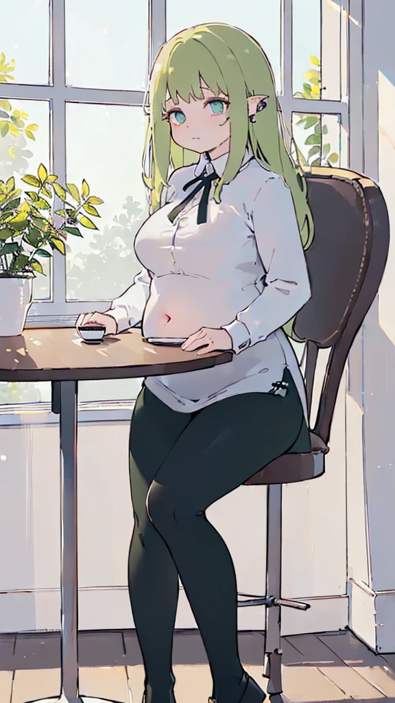 (flat:1.5),(cafe, window, sunlight, table, chair, sedentary:1.5) (BIG ASS, thick thighs:0.7), (warm light source:1.2), intricate details, volumetric lighting, Realism BREAK(masterpiece:1.2), (top quality), 4K, ultra detail, (Dynamic configuration:1.4), Very detailed and colorful details,(rainbow colors:1.2), (shining lights, atmospheric lighting), dreamy, magical, (alone:1.2), intricate details, cheeky expression, (big breasts:1.5), (green eyes:1.5), (a devastated expression, dead eyes, dark atmosphere:1.5), (Green long hair:1.5), (Black leggings, dress shirt:1.5), (chubby, Belly Fat:1.1), (beautiful eyes, flushing:1.5),(human ear,thin legs:1.5),(chair에 sedentary, diagonal shot:1.5), (embarrassing:1.5),(diagonal shot:1.5)