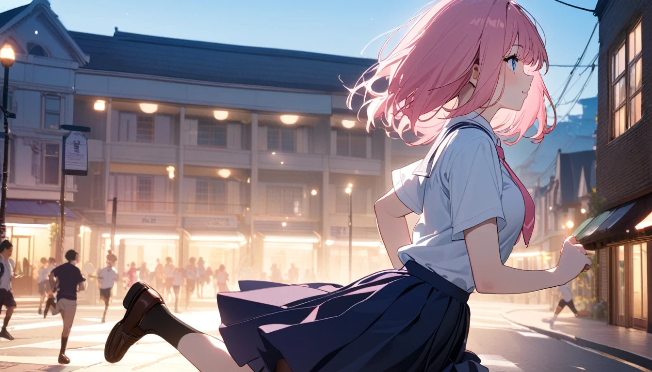 (1 girl),(Best Picture Quality, 8K, Masterpiece:1.3), (high school student:1.5), (pink lob hair), (bob cut), (slant skyblue eyes), ((school uniform, white short simple sleeve shirt, darkblue skirt, pink tie)), (super clear:1.5), (glistening skin:1.1),(pale skin:1.1), (looking ahead:1.3), ((from side:1.3)),(beautiful scene of main street,morning), (running:1.3),