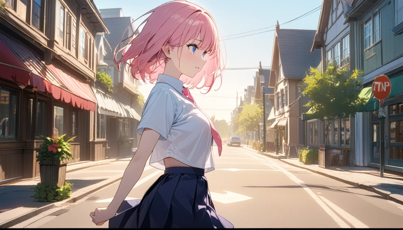 (Best Picture Quality, 8K, Masterpiece:1.3),(high school student:1.5), (pink medium hair), (Bedhead:1.5), (slant skyblue eyes), ((school uniform, short simple sleeve shirt, darkblue skirt, pink tie)), (super clear:1.5), (city alley Setting),(running:1.3),(panicking),(sweat:1.3),((looking back:1.3)),(back shot:1.3),(upper body).
