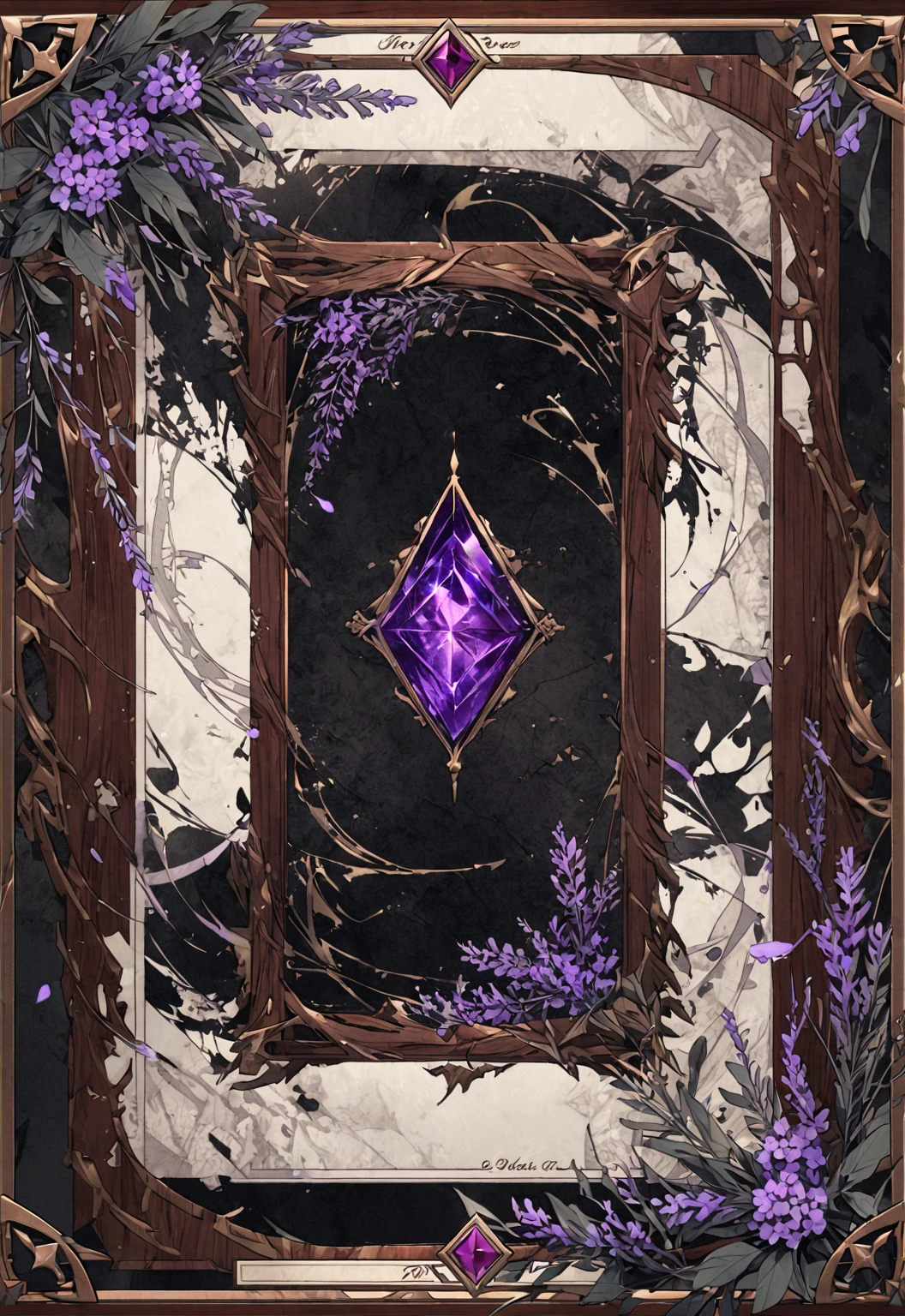 A card border UI，Modern urban minimalist style，Noble and elegant dark suspense style，There is a lavender ribbon in the middle with the card name.，There is a ruby under the bezel，There are sapphires on the left and right corners.。Redwood frame，Parchment backing，There are blood stains on it。