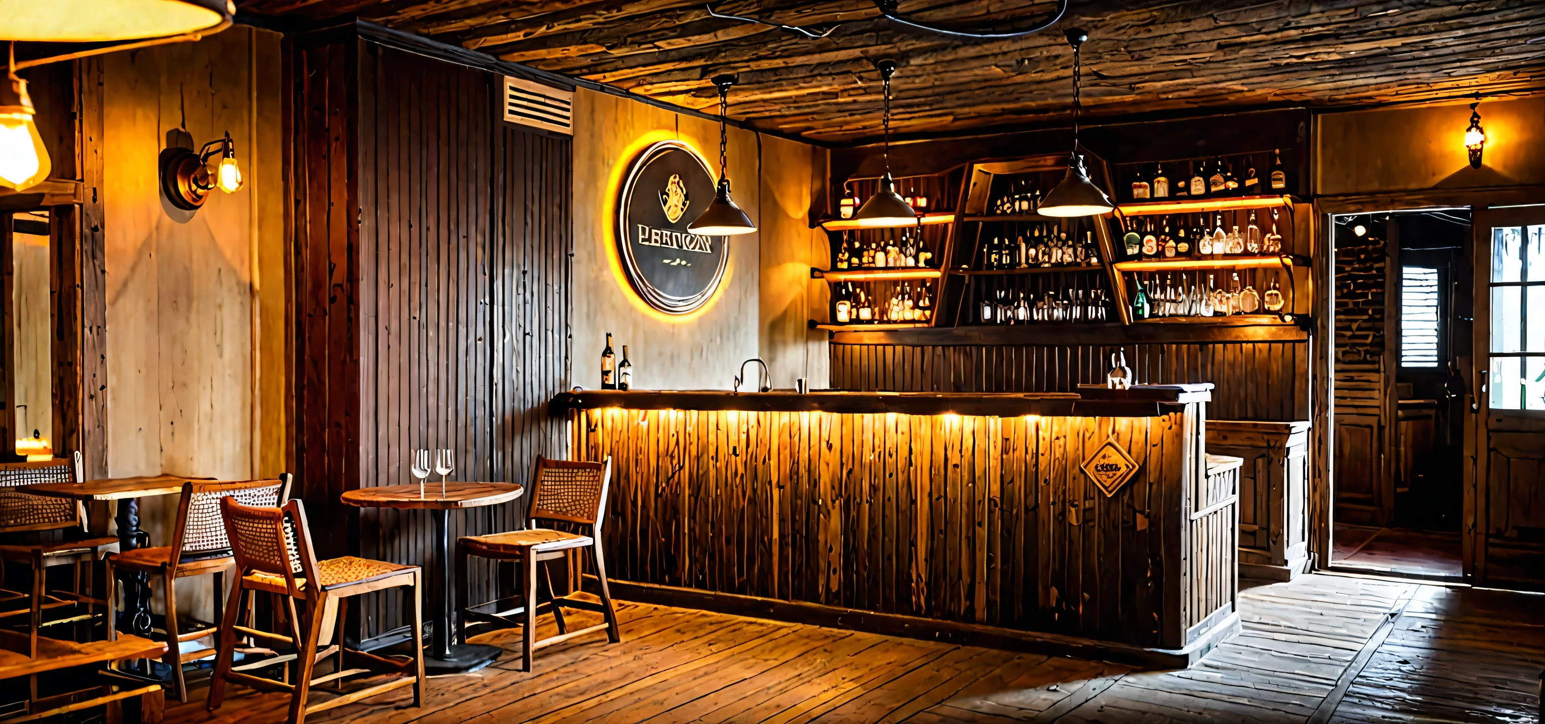 Vintage-style bar, rustic wooden furniture, antique pendant lights, dim lighting, cozy ambiance, aged wood, warm glow, vintage decor, intimate, nostalgic