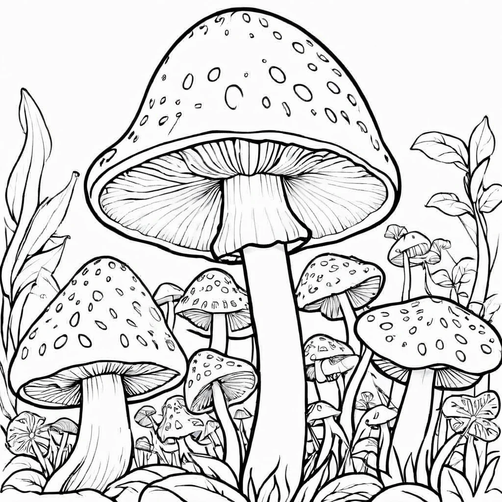 magic mushroom line drawing, On white background, monochrome, black andwhite, no gray colors, no shadows