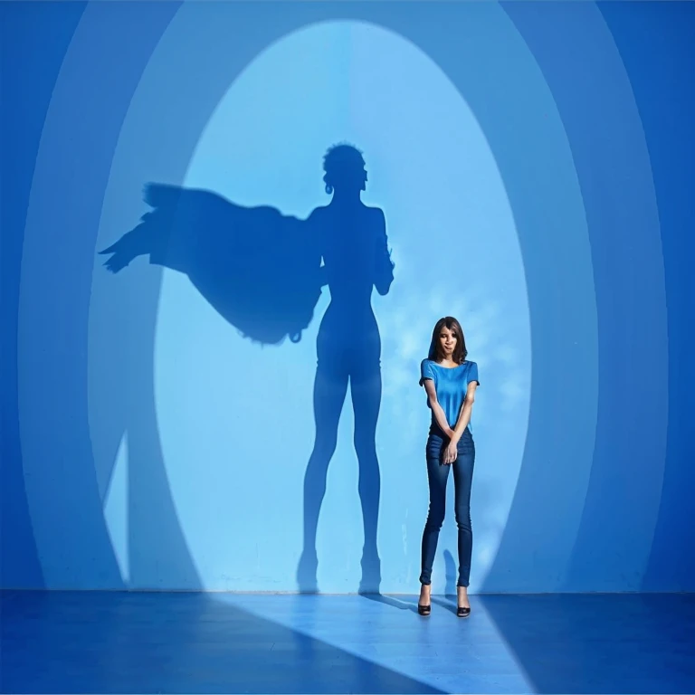 woman standing in shadow on a blue wall, realistic, real, HD