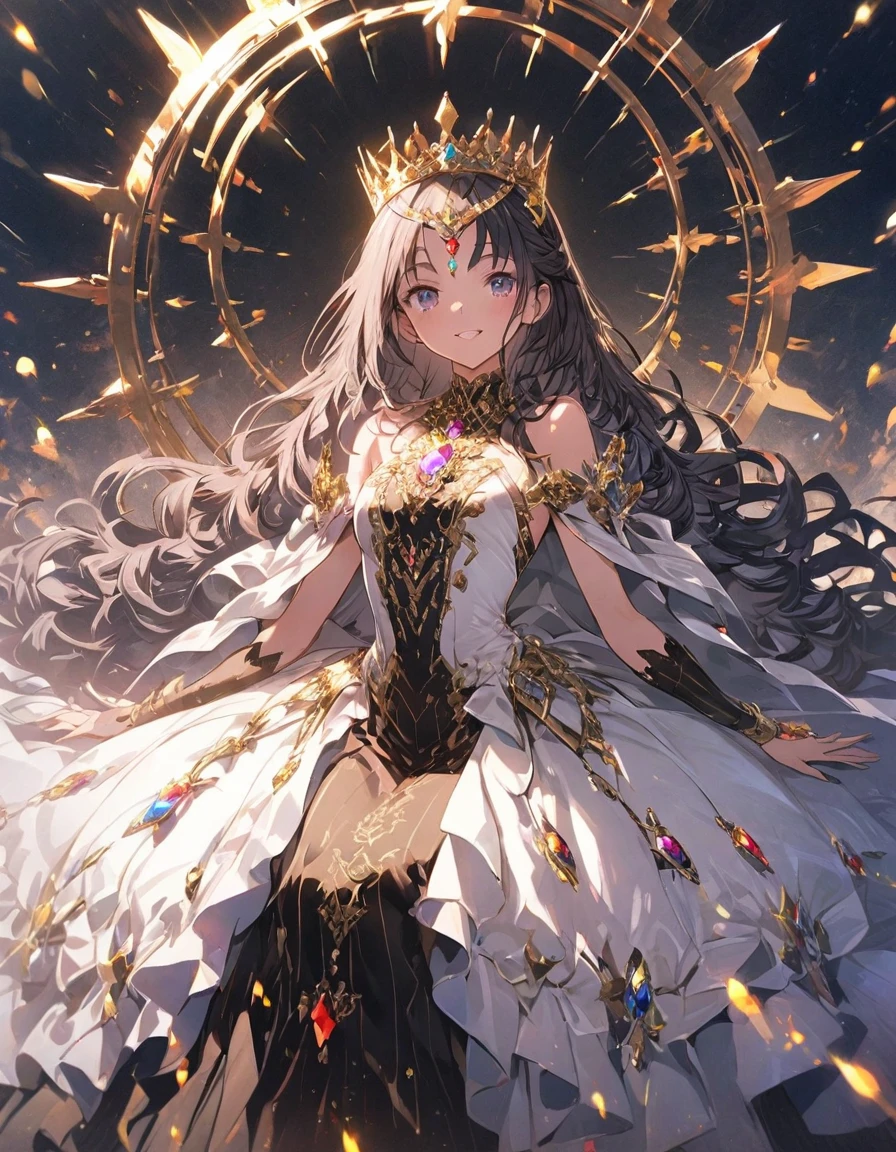 Gorgeous dress with superb detailing、Wearing shining jewels、Queen、whole body、