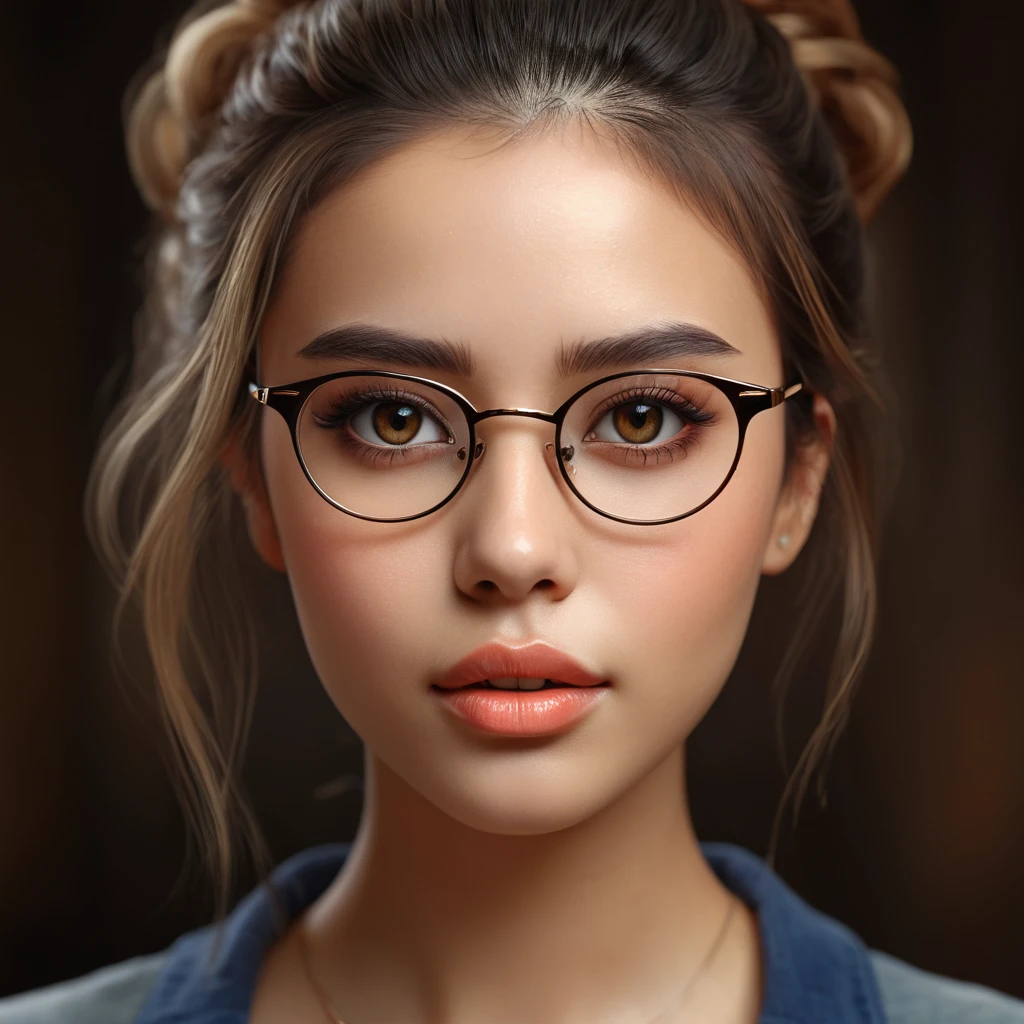 a girl wearing glasses, beautiful detailed eyes, beautiful detailed lips, extremely detailed face, longeyelashes, intricate hairstyle, delicate facial features, soft lighting, warm color tones, cinematic composition, digital painting, highly detailed, 8k, ultra-detailed, (best quality,4k,8k,highres,masterpiece:1.2),ultra-detailed,(realistic,photorealistic,photo-realistic:1.37),HDR,UHD,studio lighting,extreme detail description,professional,vivid colors,portrait