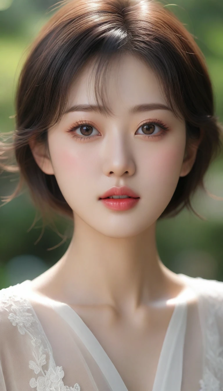 best quality, 4K,8K,realistic, realistic, very detailed, very delicate and beautiful, raw photo, Japanese and Korean beauties,korean beauty,Wear JK, ,big bust,(beautiful detailed eyes,beautiful and delicate lips,Highly detailed eyes and face,long eyelashes), Short hair카락, happy expression, In a picturesque garden filled with sunlight. The quality of the work is top notch, 매우 상세한 기능과 realistic, realistic touch. Colors are vibrant,Lighting creates a warm atmosphere, Close-mouthed, expressionless atmosphere. Short hair, Show your waist, make the skirt visible