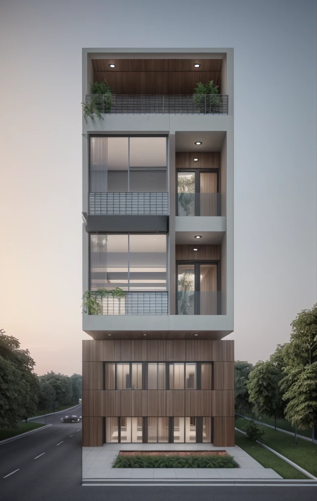 RAW photo,Masterpiece, high quality, best quality, authentic, super detail,masterpiece, (photorealistic:1.2), best quality, ultra high res, architechture, exterior, town house on the road, glass windows,trees,traffic road, in the style of realistic hyper-detailed rendering, 32k uhd,composite construction, piles/stacks, innovative page design,daylight,Vray, daylight, (high detailed :1.2), 8k uhd, dslr, soft lighting, high quality, film grain, Fujifilm XT3, photographic render, render in vray, render vray, 3 drender, all white render, vray rendered, highly photographic render, detailed archviz render, rendered in 3 dsmax, 3ds max render, vray render, 3 ds max + v - ray, 3 ds max + vray <lora:Nha Pho Train Lora V1:0.5