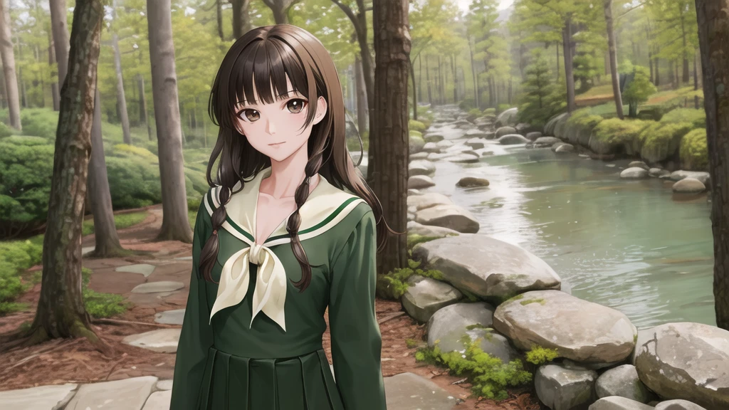 masterpiece, Highest quality, High resolution, aayoshino, , thin, Long Hair, Twin Blade, Brown eyes, Hair that falls over the shoulders, , Sailor collar, neckerchief, Green Shirt, One piece sailor shirt, Long sleeve, Green Skirt, Long skirt, Are standing, Cowboy Shot, Outdoor, Person on the right, Shining Face