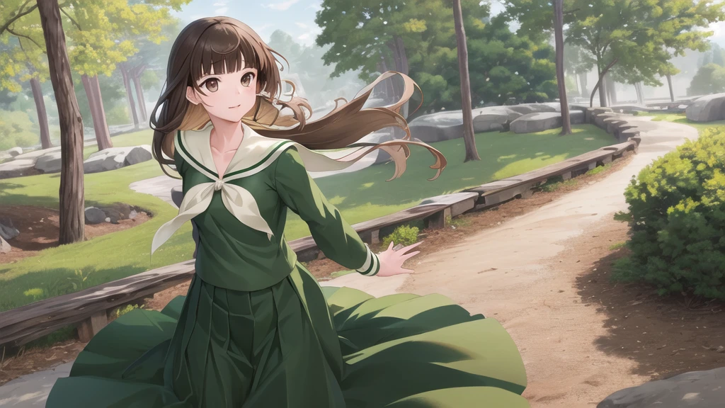 masterpiece, Highest quality, High resolution, aayoshino, , thin, Long Hair, Twin Blade, Brown eyes, Hair that falls over the shoulders, , Sailor collar, neckerchief, Green Shirt, One piece sailor shirt, Long sleeve, Green Skirt, Long skirt, Are standing, Cowboy Shot, Outdoor, Person on the right, Shining Face