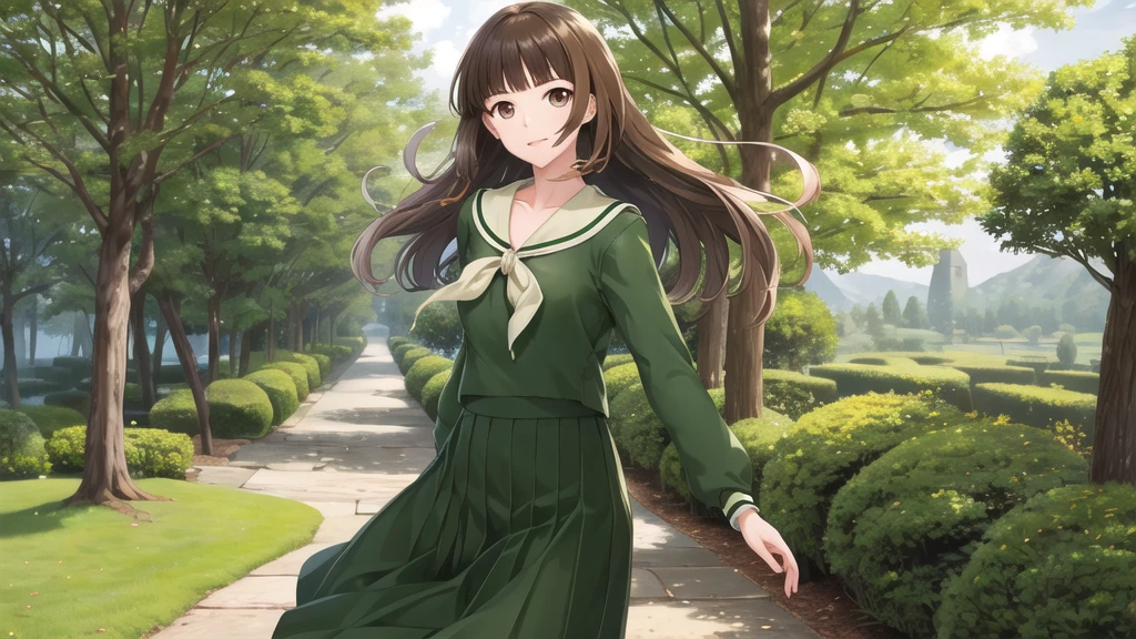 masterpiece, Highest quality, High resolution, aayoshino, , thin, Long Hair, Twin Blade, Brown eyes, Hair that falls over the shoulders, , Sailor collar, neckerchief, Green Shirt, One piece sailor shirt, Long sleeve, Green Skirt, Long skirt, Are standing, Cowboy Shot, Outdoor, Person on the right, Shining Face