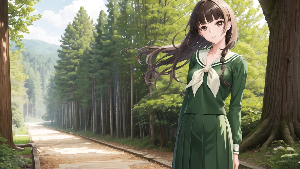 masterpiece, Highest quality, High resolution, aayoshino, , thin, Long Hair, Twin Blade, Brown eyes, Hair that falls over the shoulders, , Sailor collar, neckerchief, Green Shirt, One piece sailor shirt, Long sleeve, Green Skirt, Long skirt, Are standing, Cowboy Shot, Outdoor, Person on the right, Shining Face