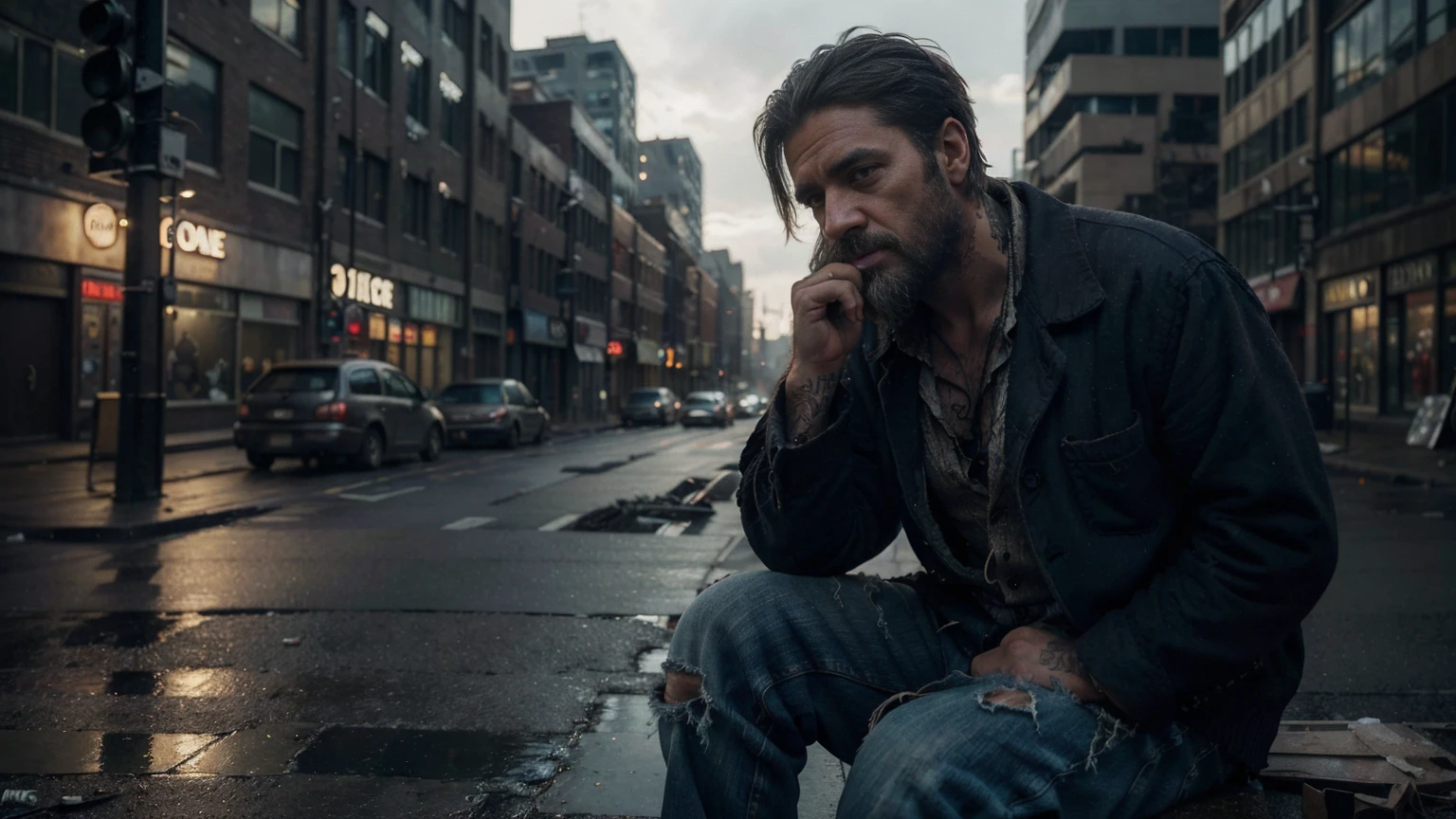 Homeless businessman, bearded man, tattered clothes, sitting on the street, cityscape in the background, realistic portrait, cinematic lighting, moody atmosphere, warm tones, dramatic shadows, ultra detailed,(best quality,4k,8k,highres,masterpiece:1.2),ultra detailed(realistic,photorealistic,photorealism:1.37),dramatic composition,emotional expression,gloomy urban setting