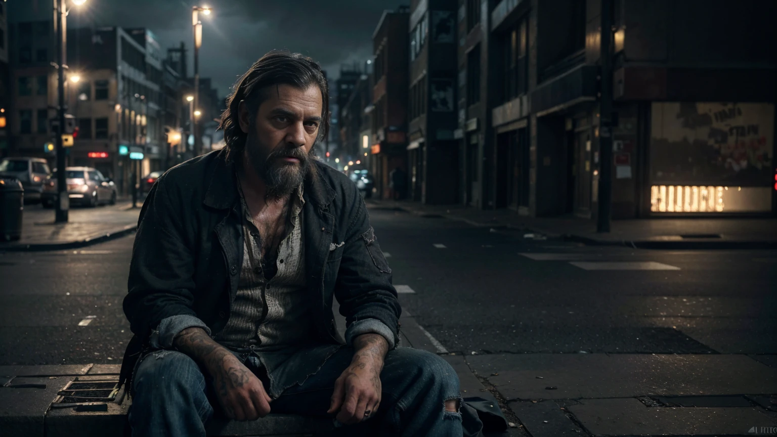 Homeless businessman, bearded man, tattered clothes, sitting on the street, cityscape in the background, realistic portrait, cinematic lighting, moody atmosphere, warm tones, dramatic shadows, ultra detailed,(best quality,4k,8k,highres,masterpiece:1.2),ultra detailed(realistic,photorealistic,photorealism:1.37),dramatic composition,emotional expression,gloomy urban setting