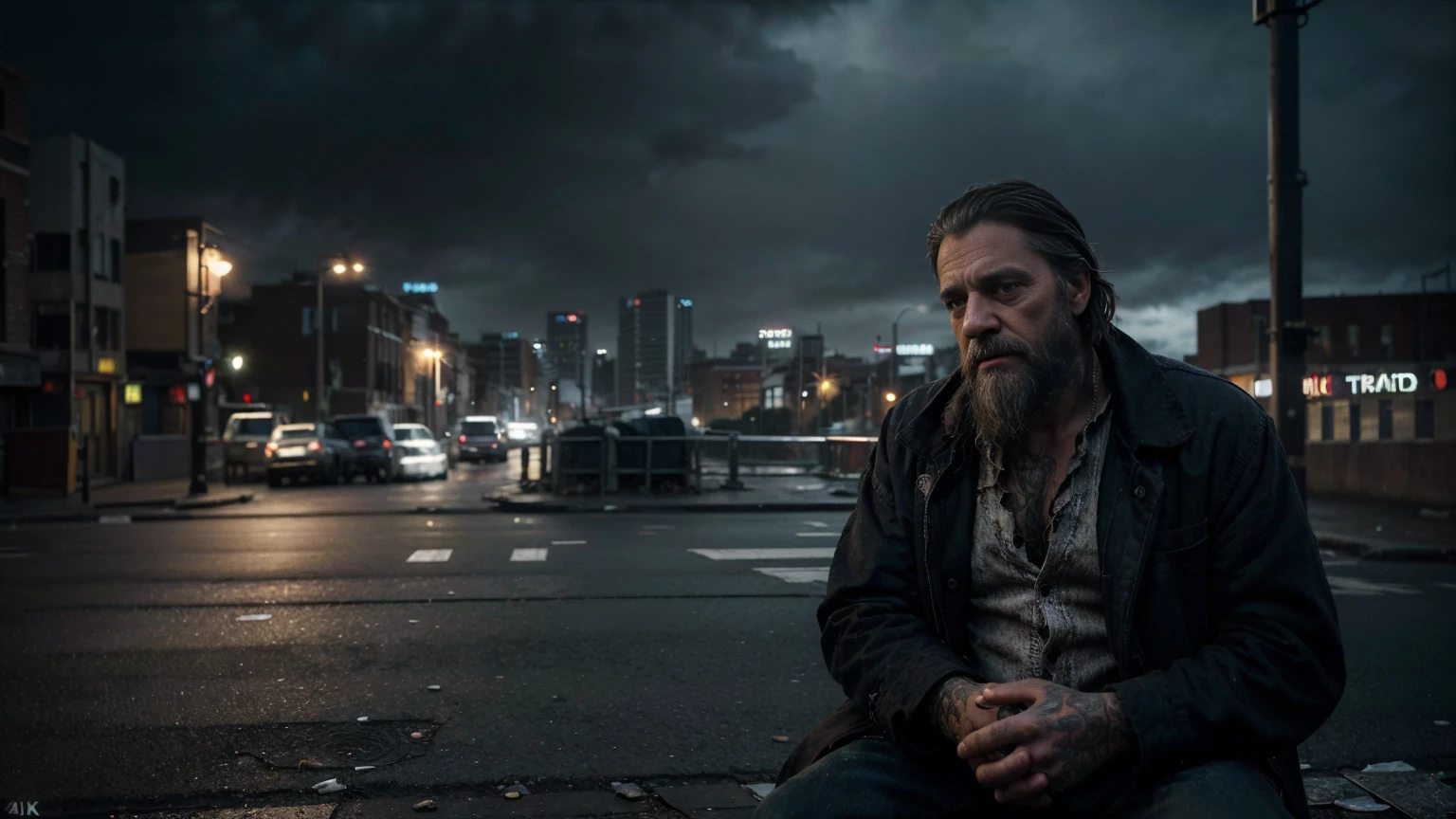 Homeless businessman, bearded man, tattered clothes, sitting on the street, cityscape in the background, realistic portrait, cinematic lighting, moody atmosphere, warm tones, dramatic shadows, ultra detailed,(best quality,4k,8k,highres,masterpiece:1.2),ultra detailed(realistic,photorealistic,photorealism:1.37),dramatic composition,emotional expression,gloomy urban setting