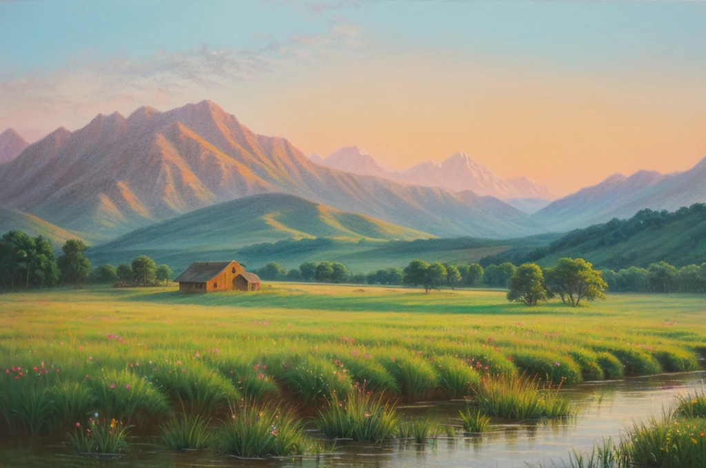 Pastel painting of a rural landscape