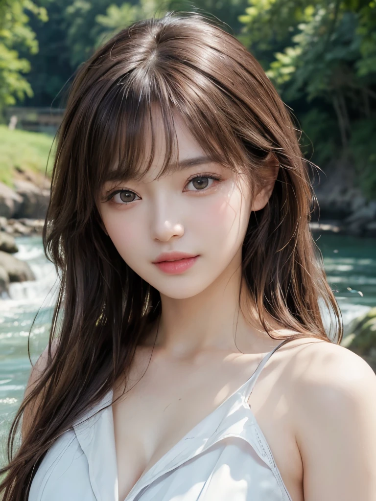 ((masterpiece: 1.3),8K, Realistic, RAW Photos, Highest quality: 1.4), (One Girl), beautiful顔, (Realistic Face), (Brown long hair: 1.3), (((Nature、waterfall、river))),beautifulヘアスタイル, (bangs), (smile), smile, Realistic eyes, Gloss, highlight, highlight in the Eyes, eyelash, 目の中のbeautifulディテール, (Realistic Skin), (((whole body、trench dress)))、Shooting from the sky、beautiful肌, Transparency、(beautiful)、 bust, smile, teeth, Confused, charm, 超High resolution, Ultra-realistic, High resolution, Golden Ratio, Clear eyes, Wet, Mole, Looking into the camera, ear, Shine, Long neck, double eyelid, Big eyes, cheek, kind character, charm personality, kind, Move, 圧倒的なcharm, bright personality