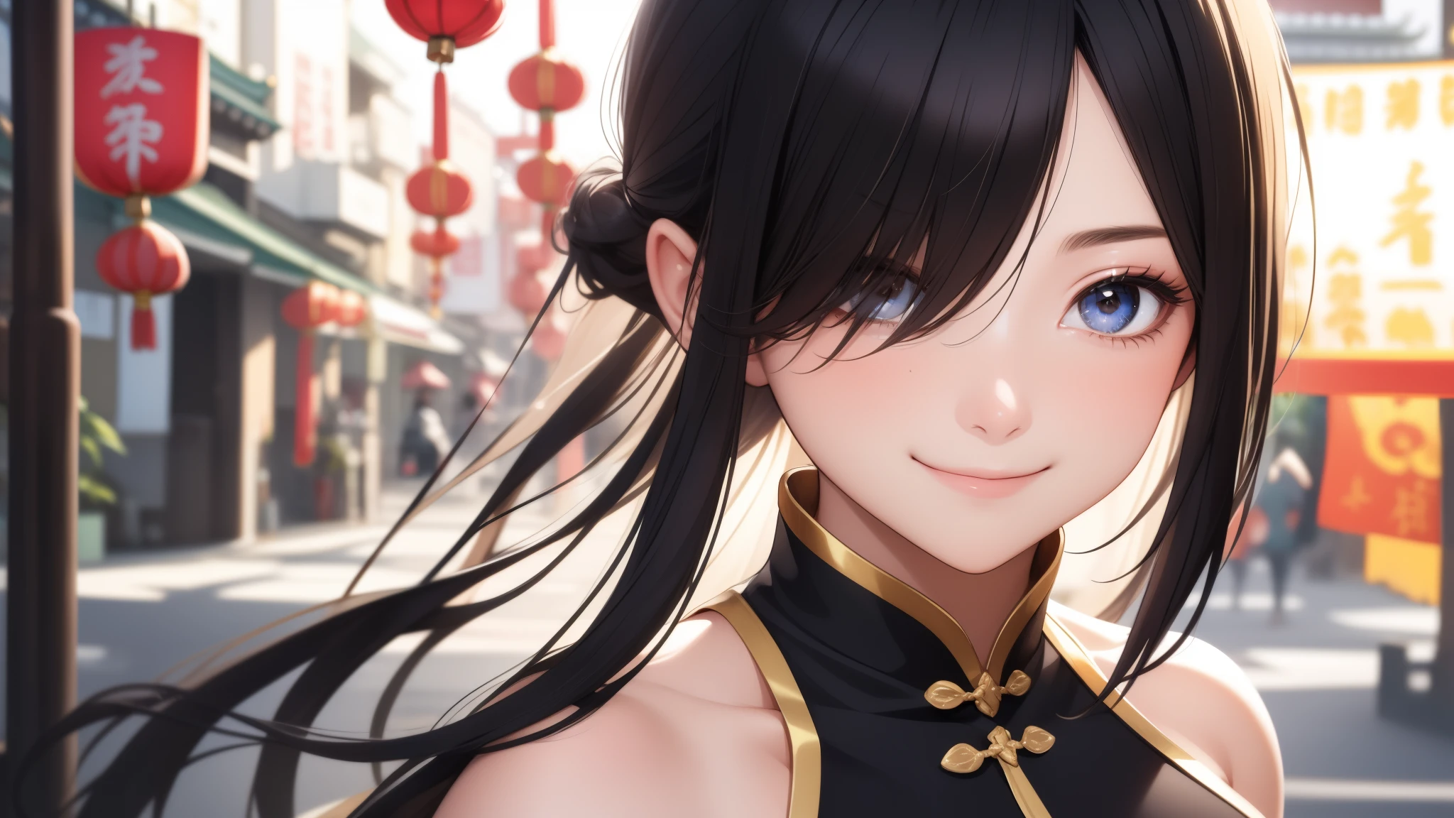 European girl portrait,alone,20-year-old,Beautiful Face,Hair on one eye,Medium Sidecut, Black Hair, Sharp focus,(China dress),Chinatown,Big Breasts,smile