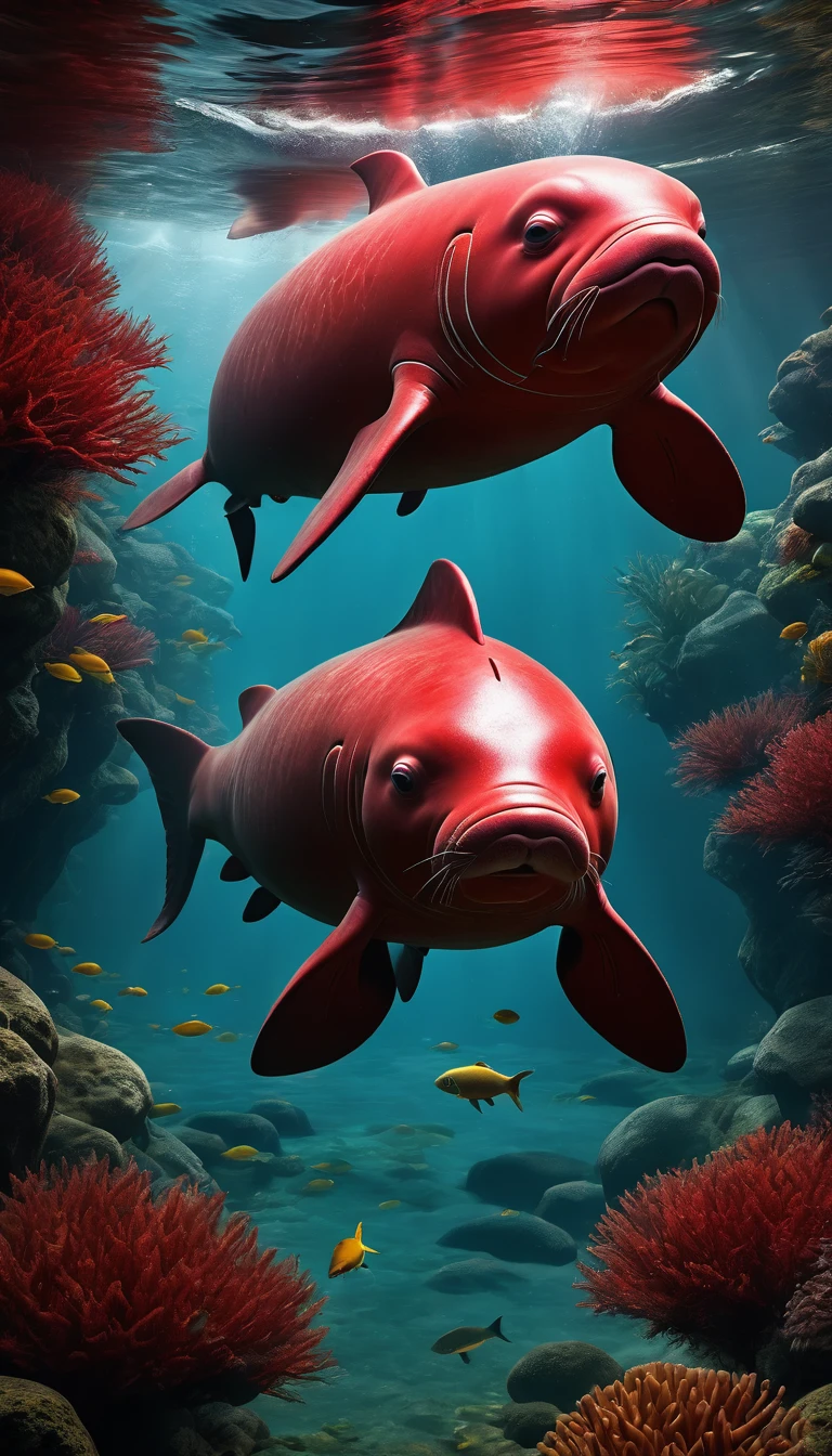 There is a red dugong in the river that has a human head and a fish body.,Mysterious Creatures, shrike, (best quality,4K,8K,High level,masterpiece:1.2),Ultra Detailed,(lifelike,Photo real,Photo real:1.37),Highly detailed animals,Complex patterns,Realistic lighting,Fantasy Creatures