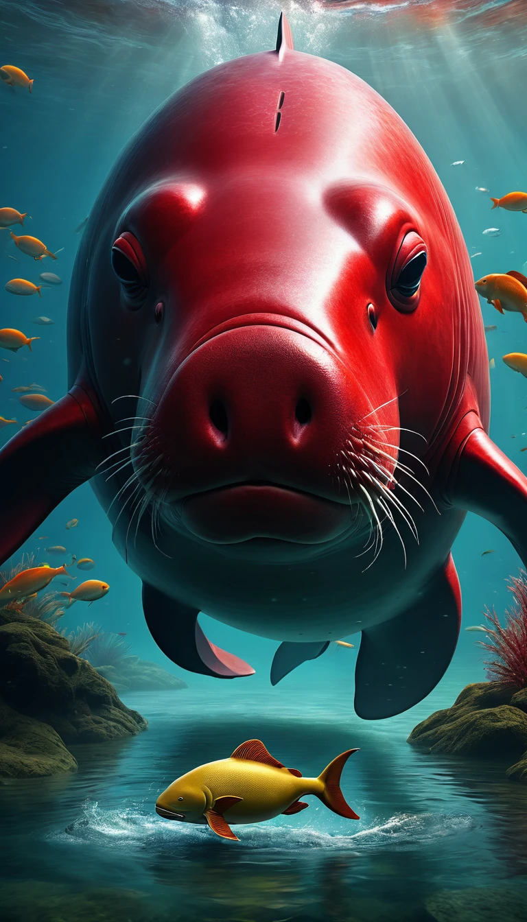 There is a red dugong in the river that has a human head and a fish body.，Mysterious Creatures, shrike, (best quality，4K，8K，High level，masterpiece：1.2），Ultra Detailed，（lifelike，Photo real，Photo real：1.37），Highly detailed animals，Complex patterns，Realistic lighting，Fantasy Creatures