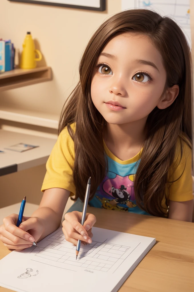 charachter ,Disney and pixar style,3d,very small,with long brown hair,with yellow skin,eyes large,fly away,with pencils and drawings in your hand.8 k quality.