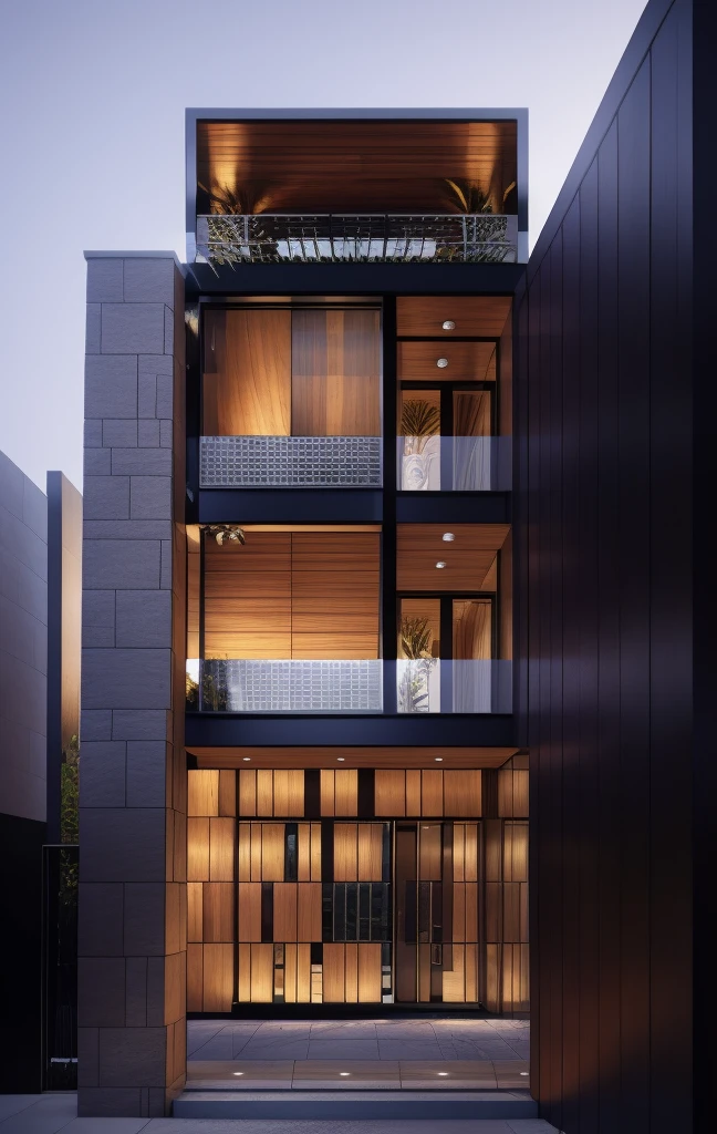 RAW photo, subject, 8k uhd, dslr, soft lighting, high quality, film grain, Fujifilm XT3, Realistic, Masterpiece, A modern architecture, simply facade, walkway, tree, road, stone, glassese window, daylight, clear sky