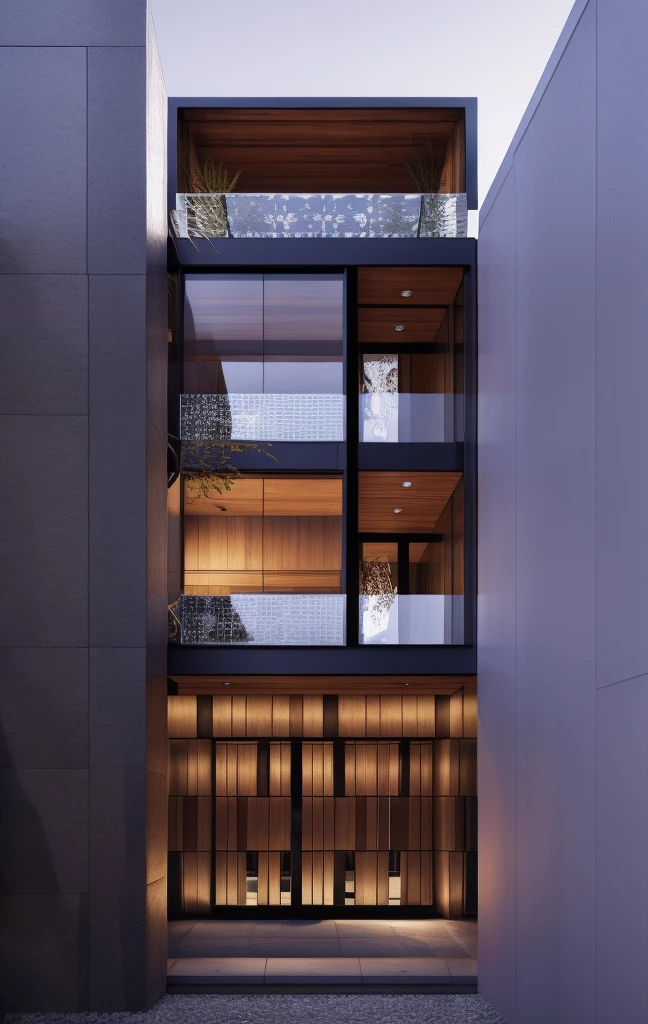 RAW photo, subject, 8k uhd, dslr, soft lighting, high quality, film grain, Fujifilm XT3, Realistic, Masterpiece, A modern architecture, simply facade, walkway, tree, road, stone, glassese window, daylight, clear sky